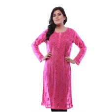 Ada Hand Embroidered Extra Large Magenta Faux Georgette Lucknow Chikankari Long Kurti 
